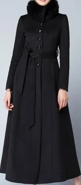 Long Single-Breasted Fur-Collar Wool Coat