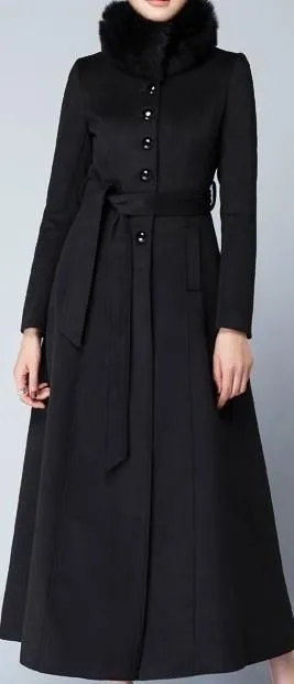 Long Single-Breasted Fur-Collar Wool Coat