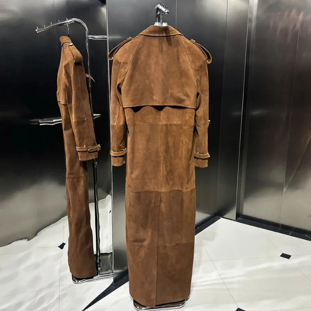 Luxury Genuine Suede Leather Trench Coat