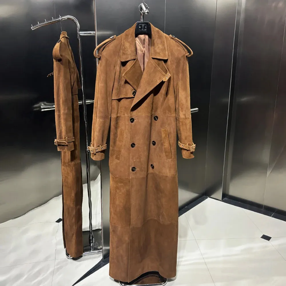 Luxury Genuine Suede Leather Trench Coat