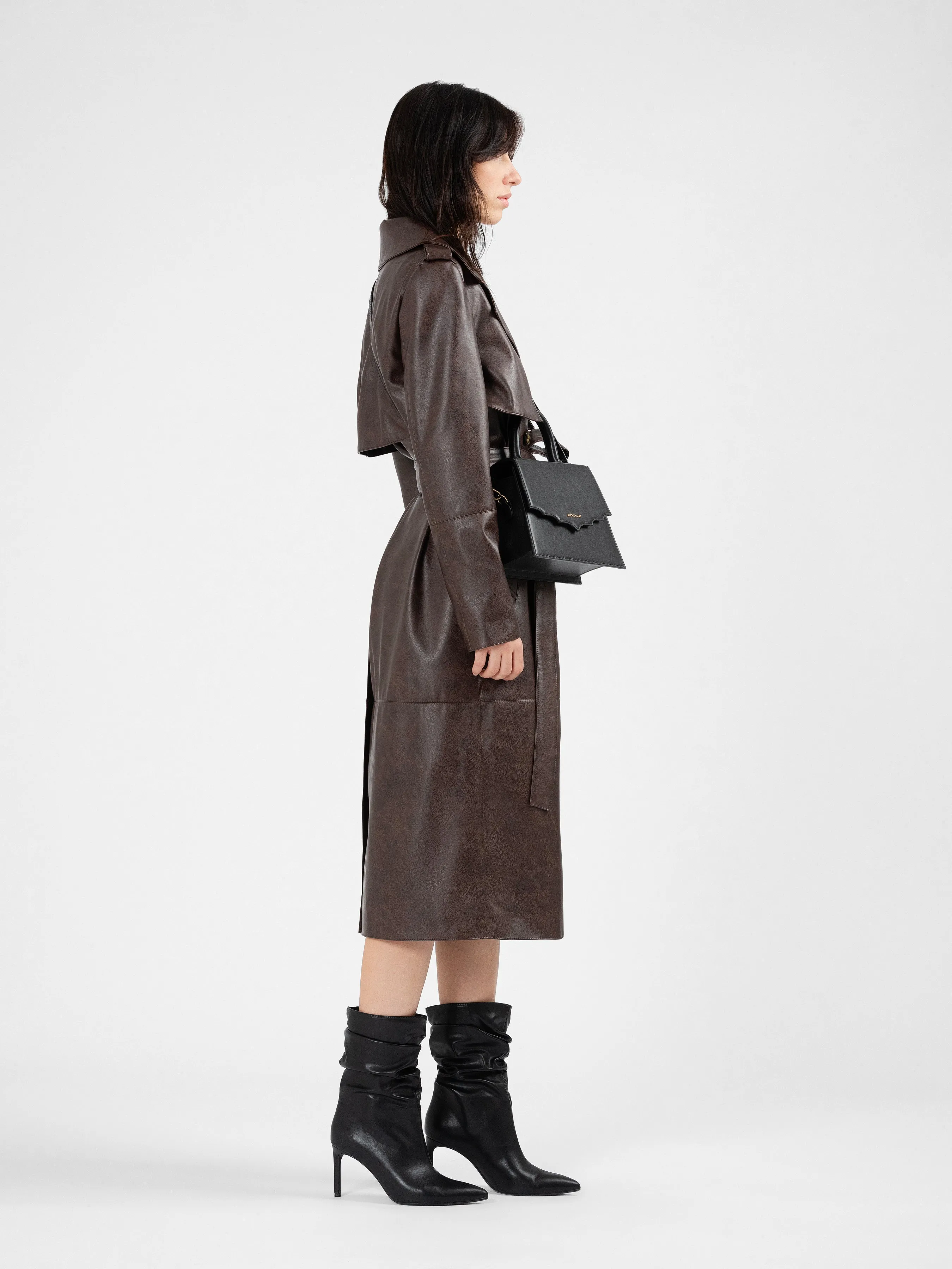 MANILA brown vegan leather trench coat