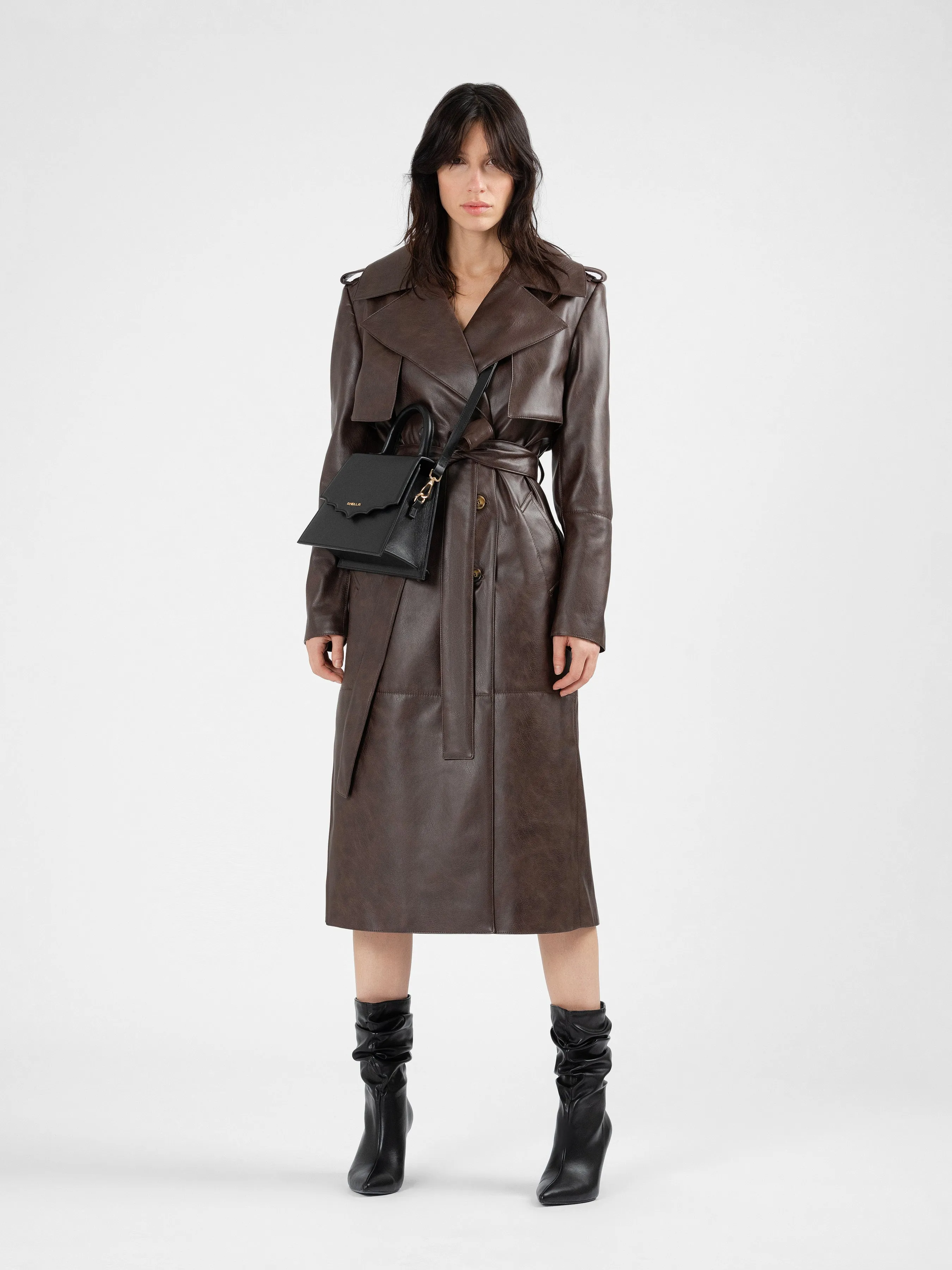 MANILA brown vegan leather trench coat