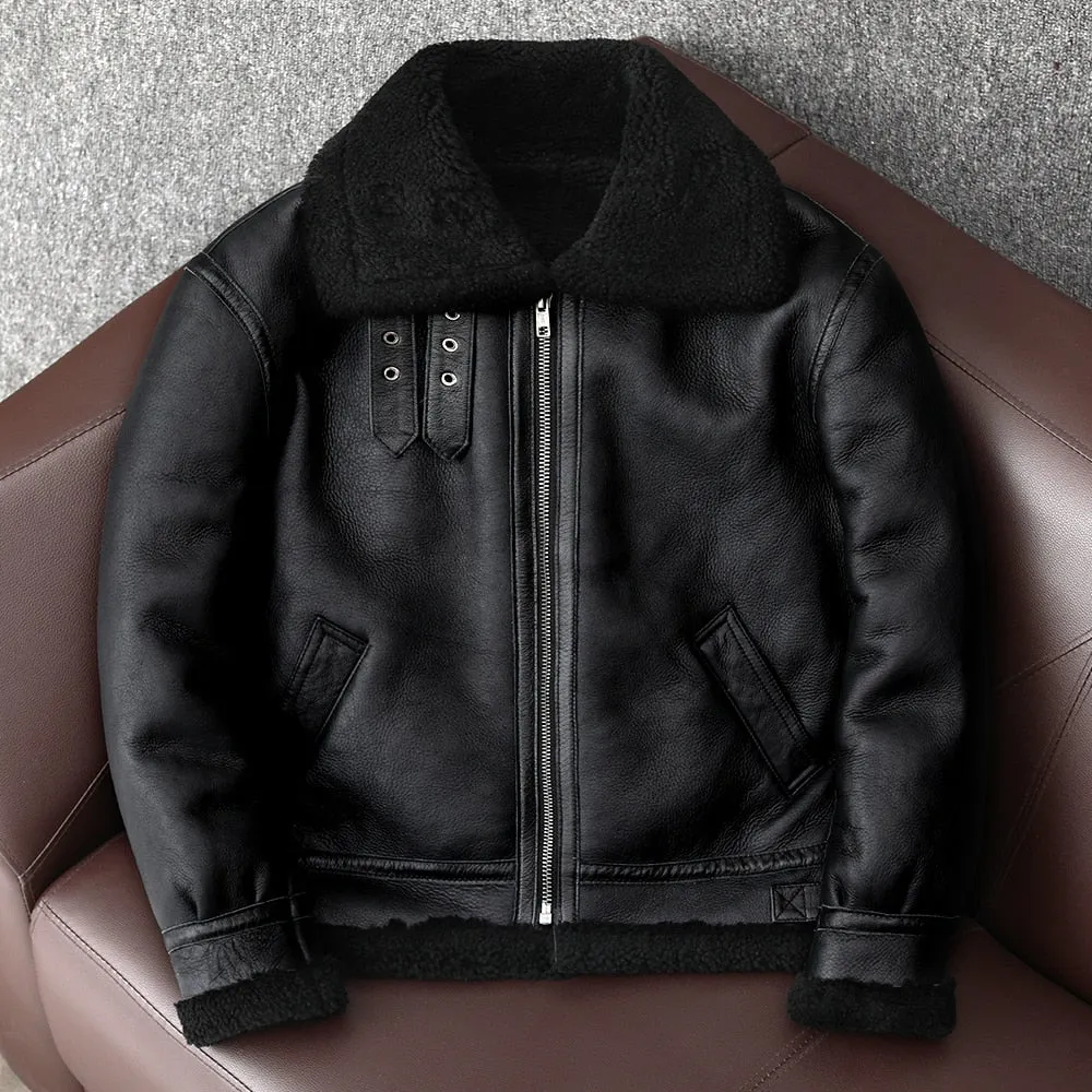 Men's Black Biker Pilot Sheepskin Fur Aviator Leather Jacket