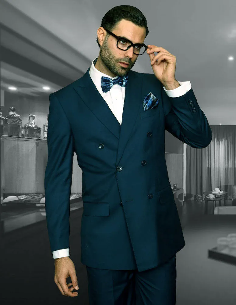 MEN'S DOUBLE BREASTED REGULAR FIT SUIT WITH PLEATED PANTS SUPER 150'S | INDIGO | TZD-100