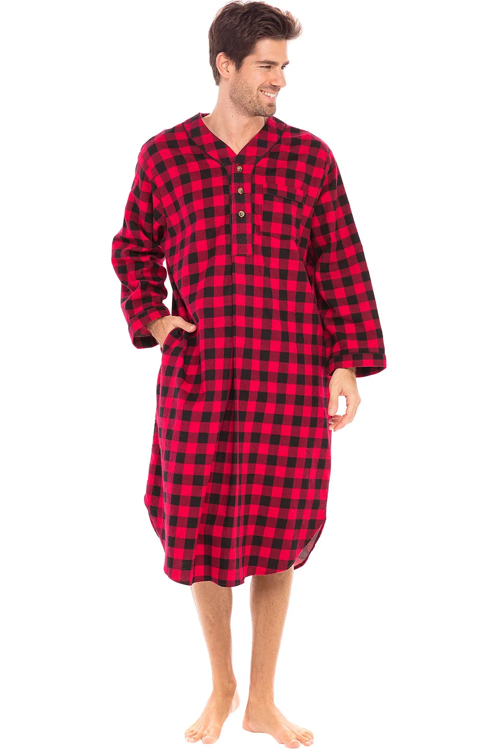 Men's Soft Cotton Flannel Sleep Shirt, Long Henley Night Shirt Pajamas