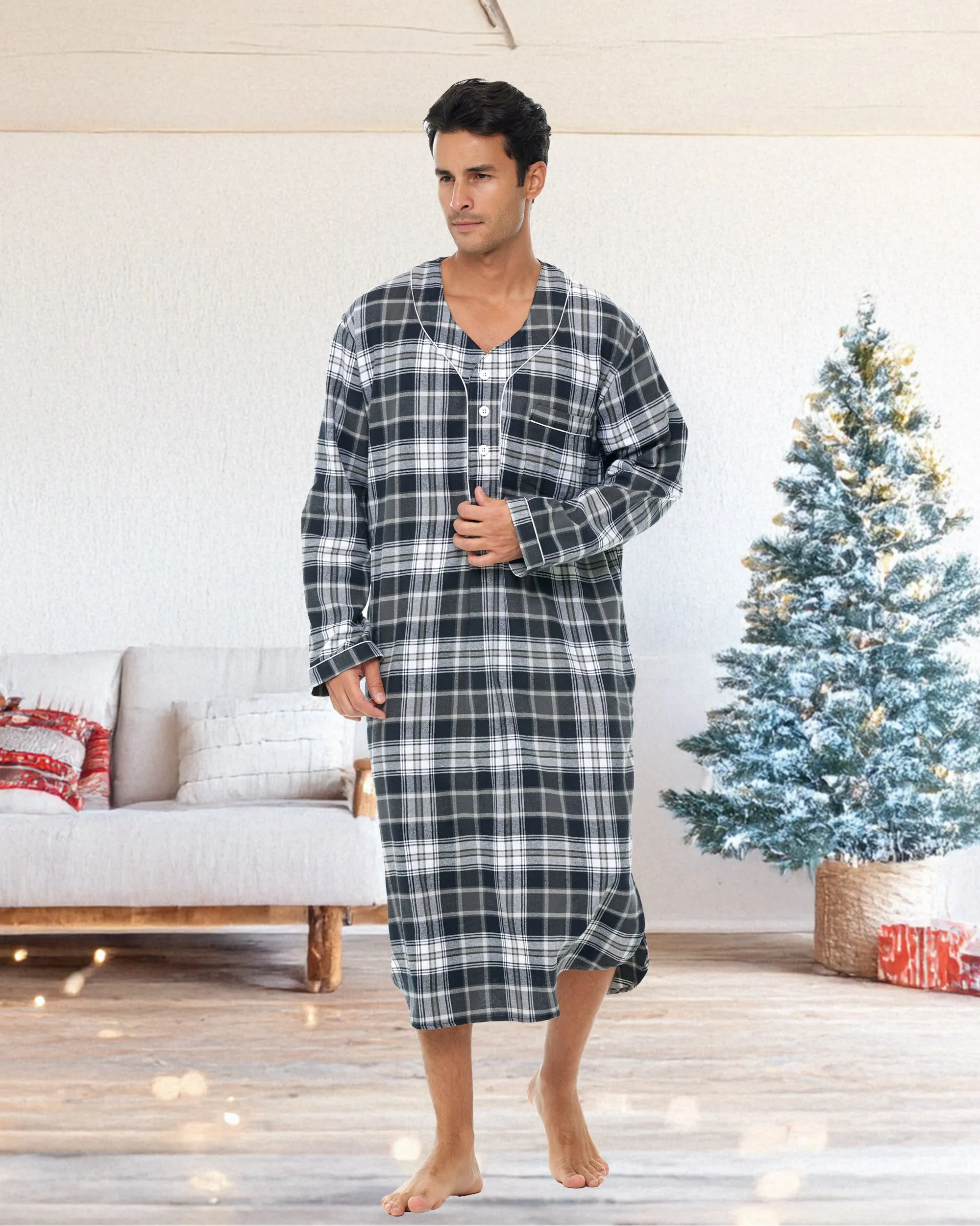 Men's Soft Cotton Flannel Sleep Shirt, Long Henley Night Shirt Pajamas