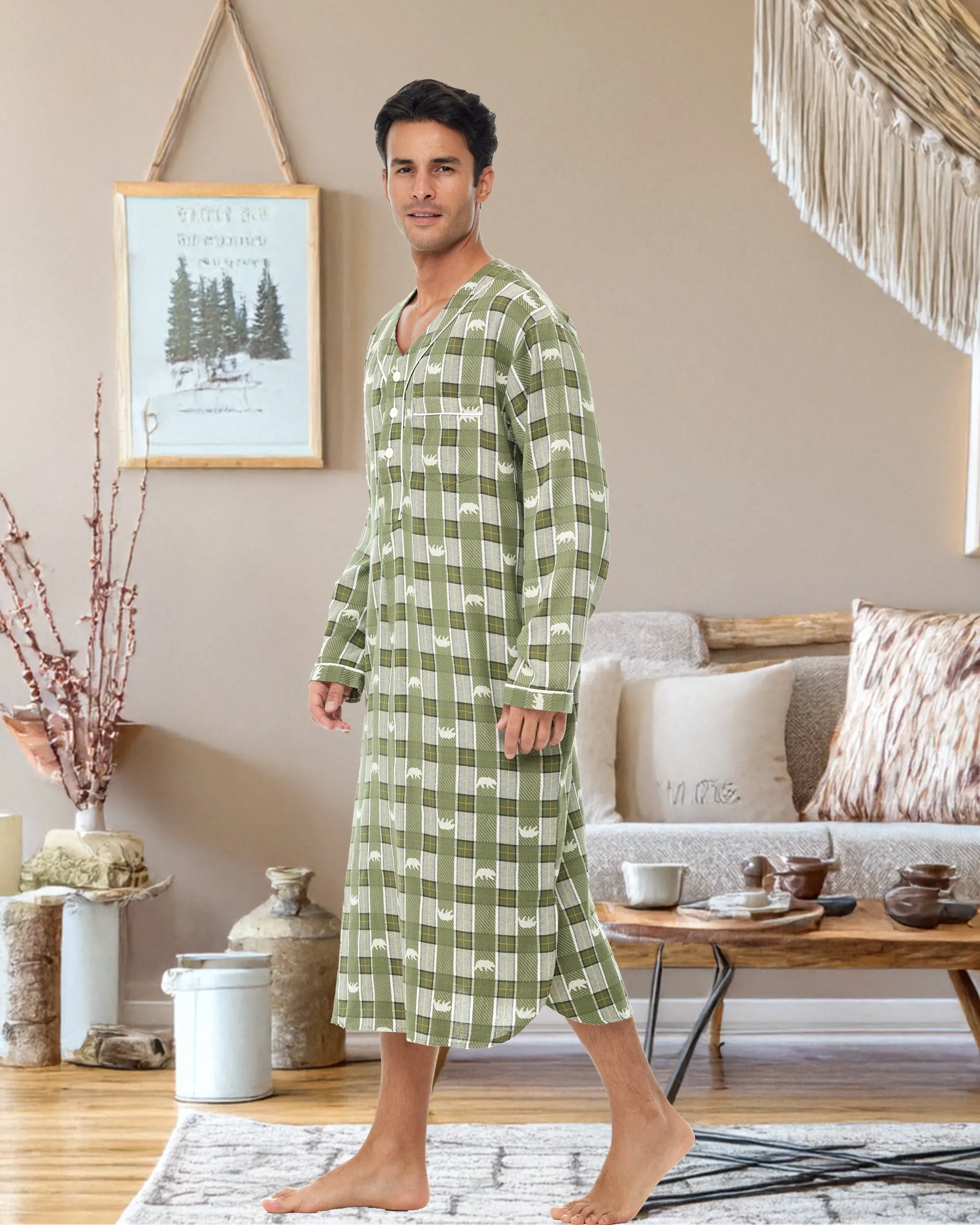 Men's Soft Cotton Flannel Sleep Shirt, Long Henley Night Shirt Pajamas