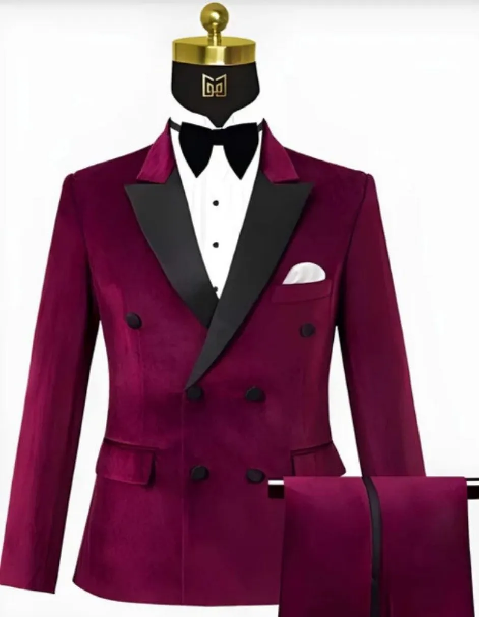 Mens Wine Velvet Tuxedo - Velvet Suits Double Breasted Tuxedo Suits - Slim Fit