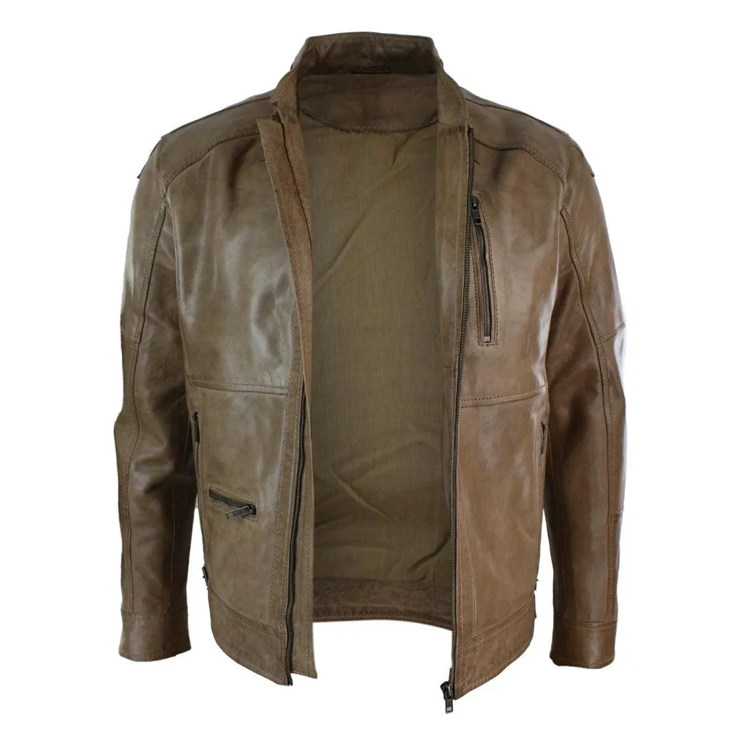 Mens Zipped Biker Style Smart Casual Real Leather Jacket Black Brown Olive Urban