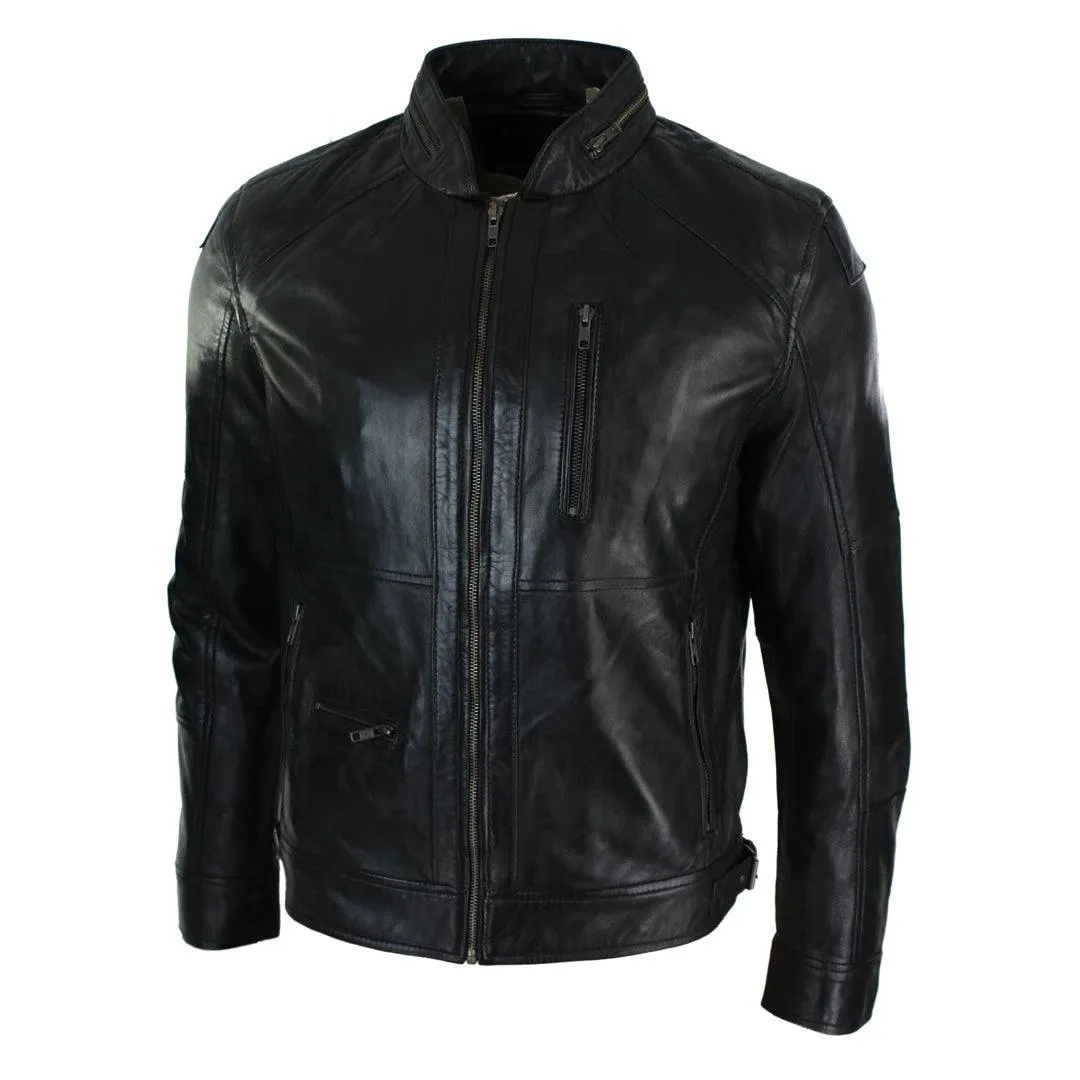 Mens Zipped Biker Style Smart Casual Real Leather Jacket Black Brown Olive Urban