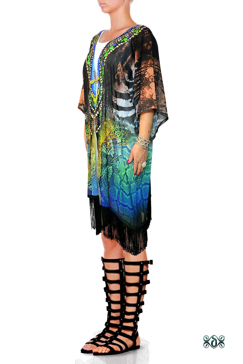 NATURE MORTE Colorful Snakeskin Devarshy Short Georgette Kimono Jacket - 003A