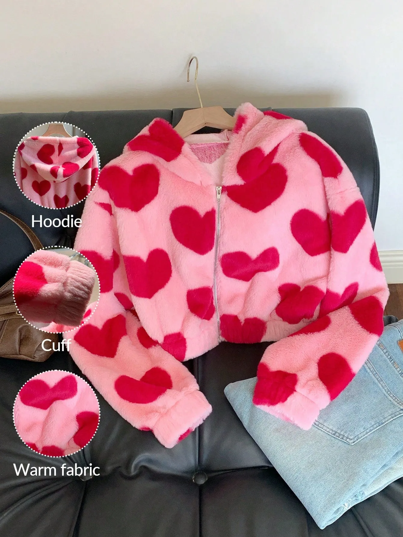 Parien Heart Pattern Fleece Hooded Casual Jacket