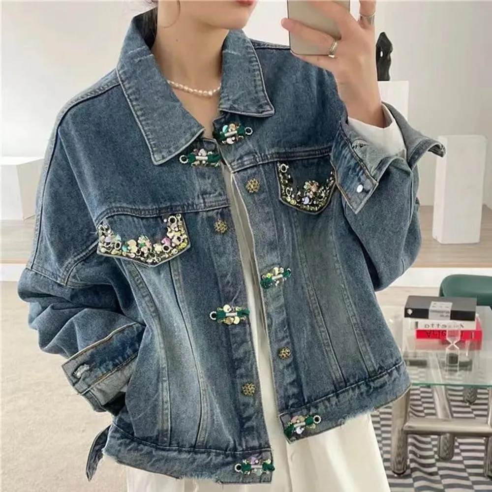 Patchwork Bead Temperament Denim Jackets For Women Lapel Long Sleeve Loose Vintage Designer Jacket Female Fashion