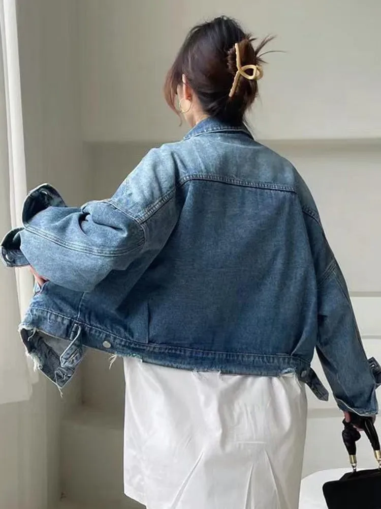 Patchwork Bead Temperament Denim Jackets For Women Lapel Long Sleeve Loose Vintage Designer Jacket Female Fashion