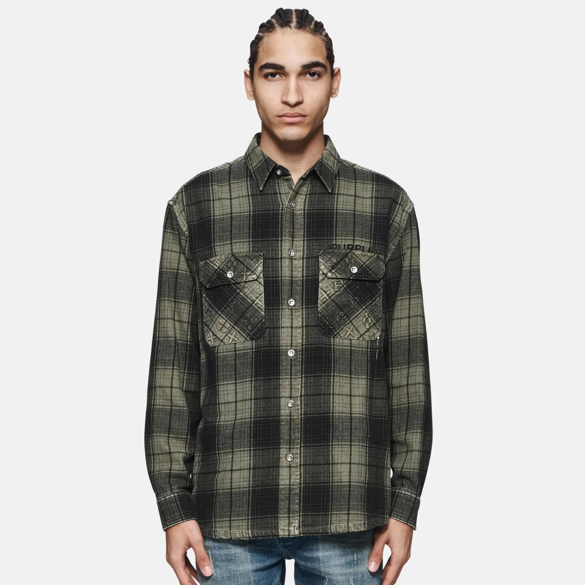 Purple Brand Winter Moss Overdyed Plaid Shirt