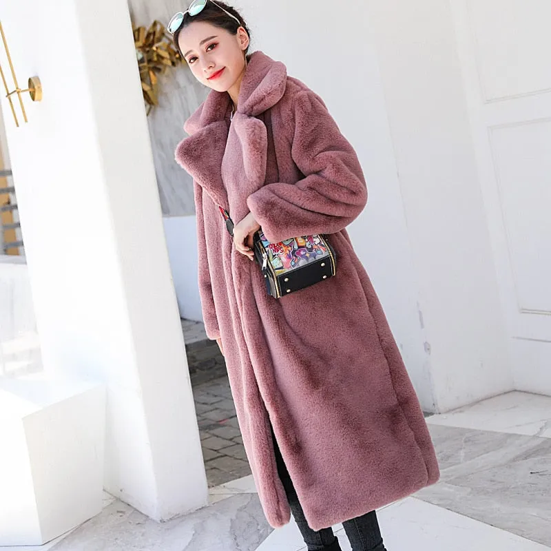 Rabbit Fur Winter Coat with Loose Lapel