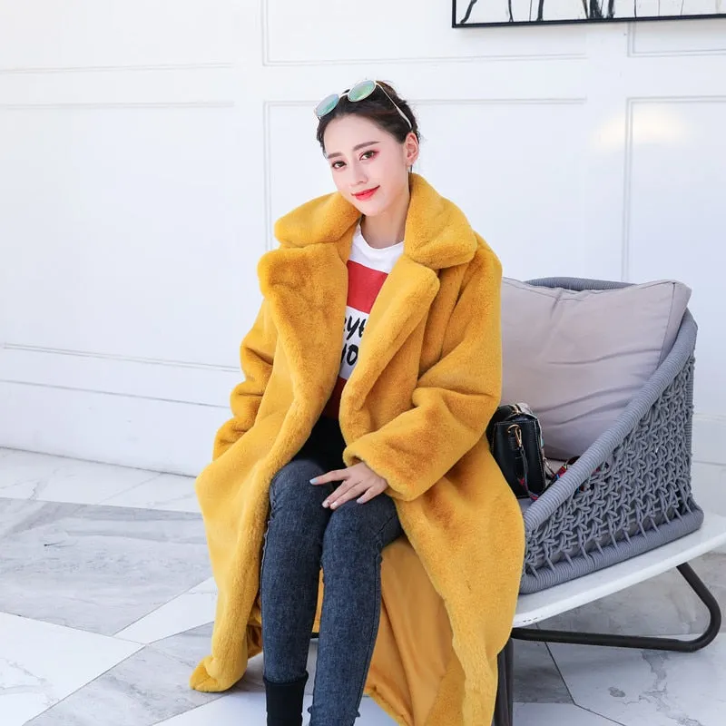 Rabbit Fur Winter Coat with Loose Lapel