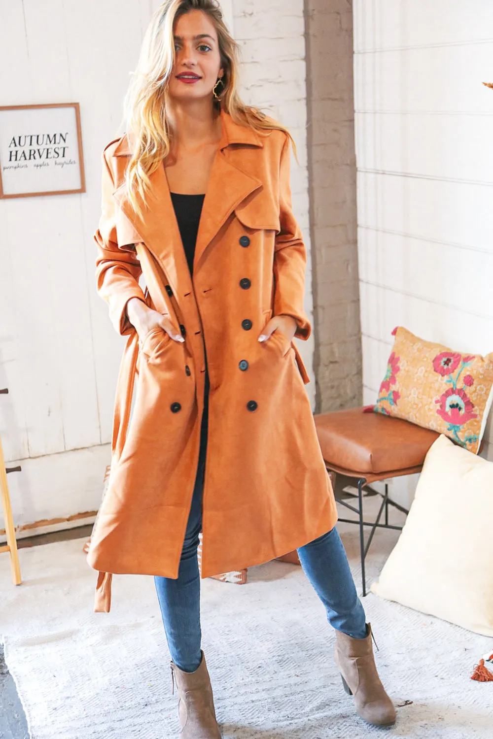 Rust Suede Double Breasted Belted Trench Coat