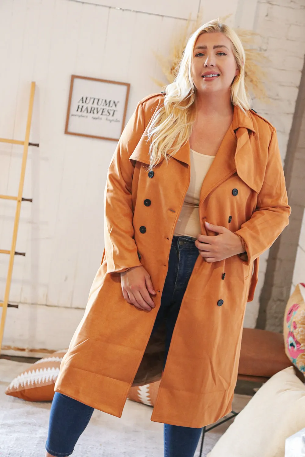 Rust Suede Double Breasted Belted Trench Coat