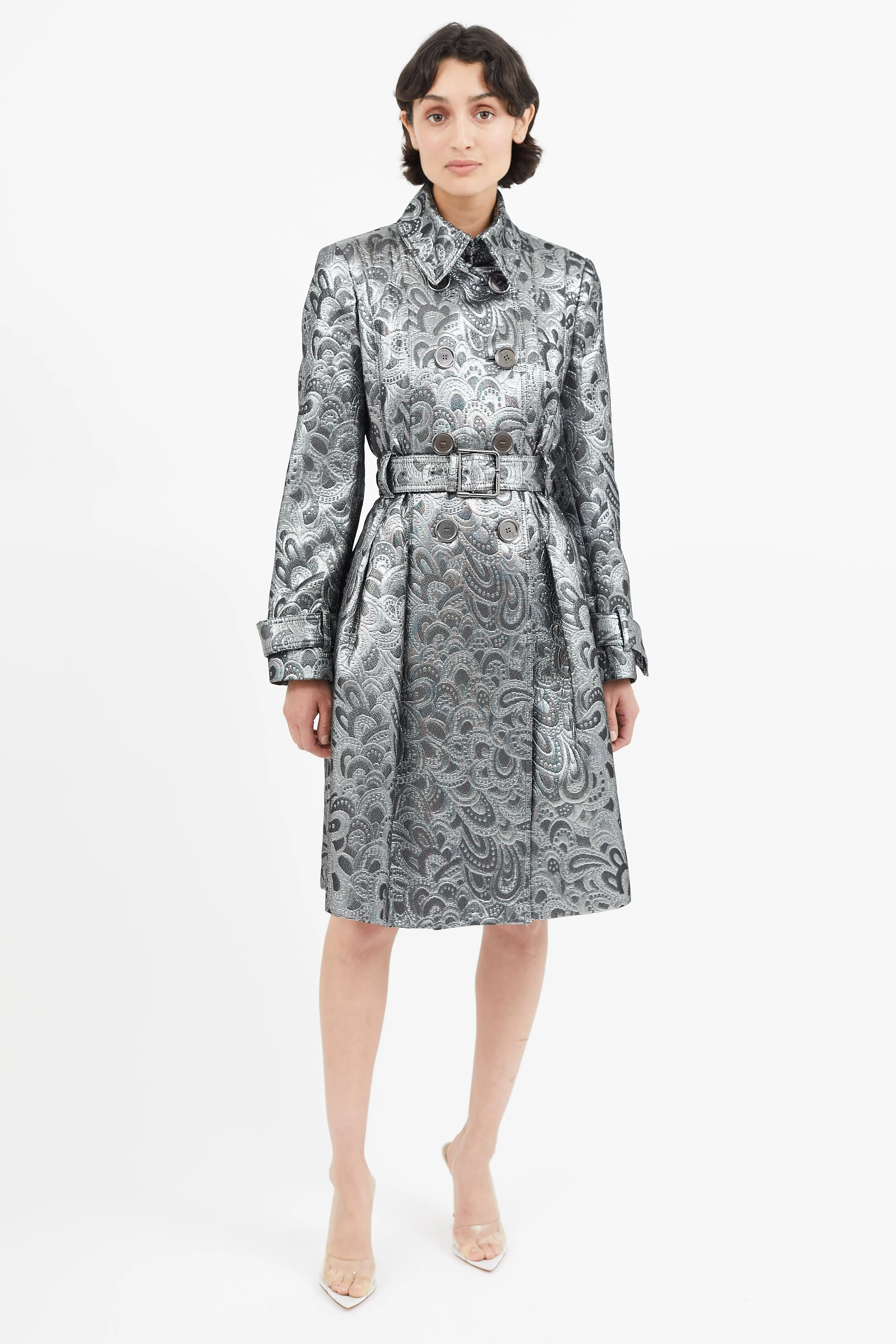 Silver Jacquard Belted Trench Coat