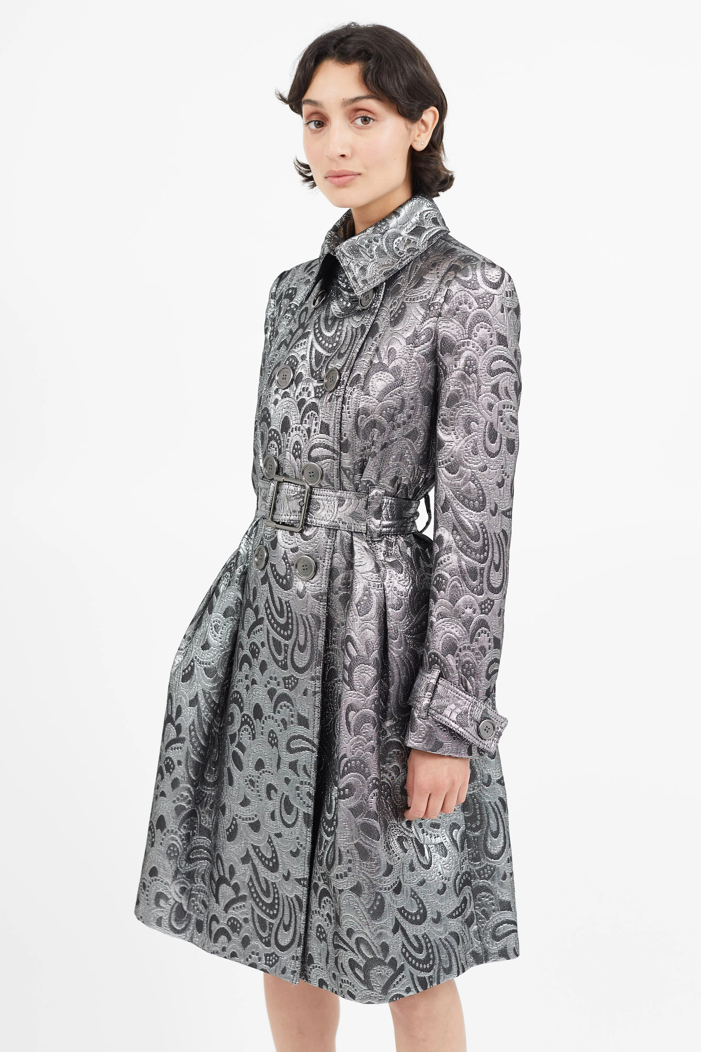 Silver Jacquard Belted Trench Coat