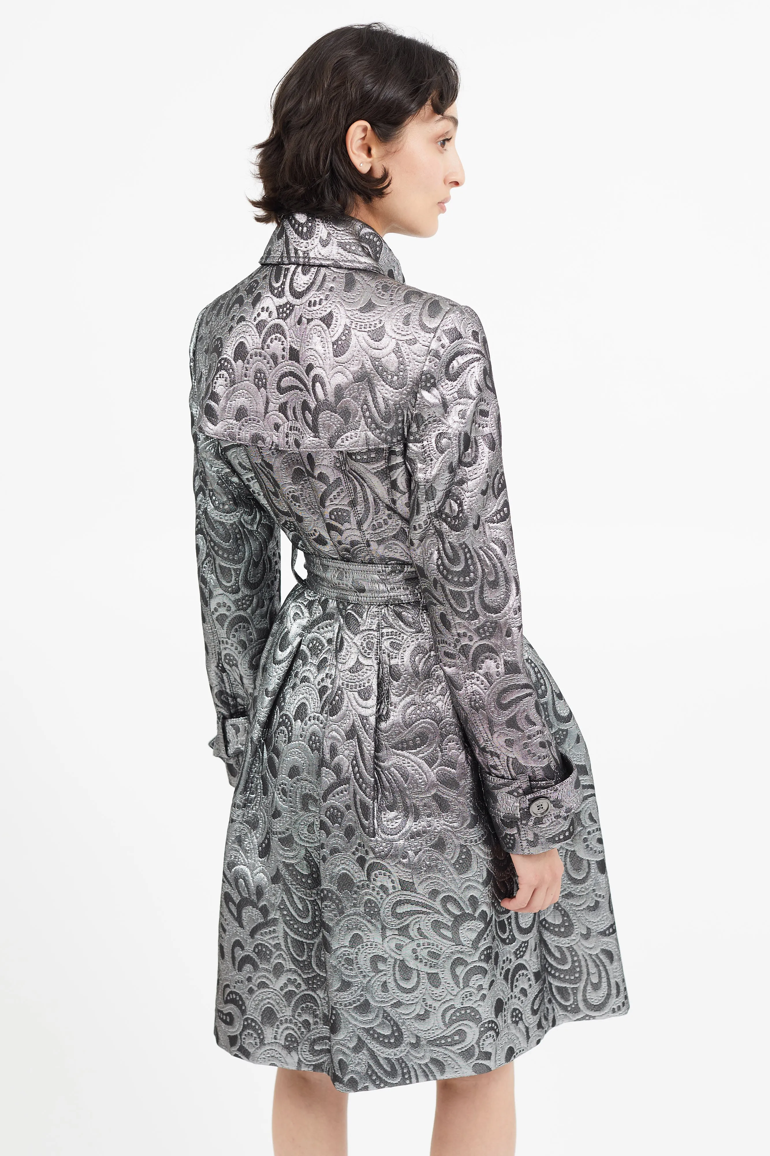 Silver Jacquard Belted Trench Coat