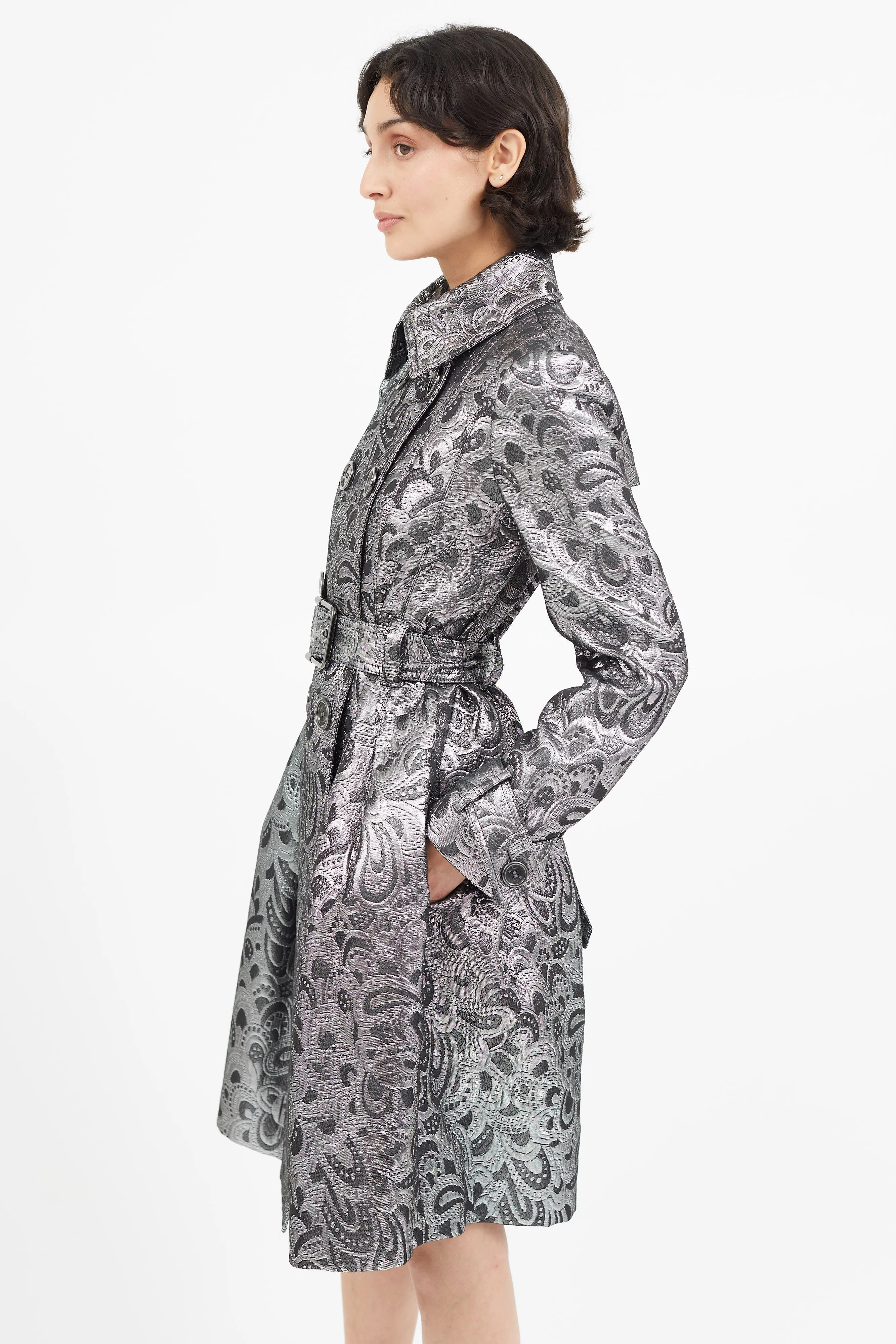 Silver Jacquard Belted Trench Coat