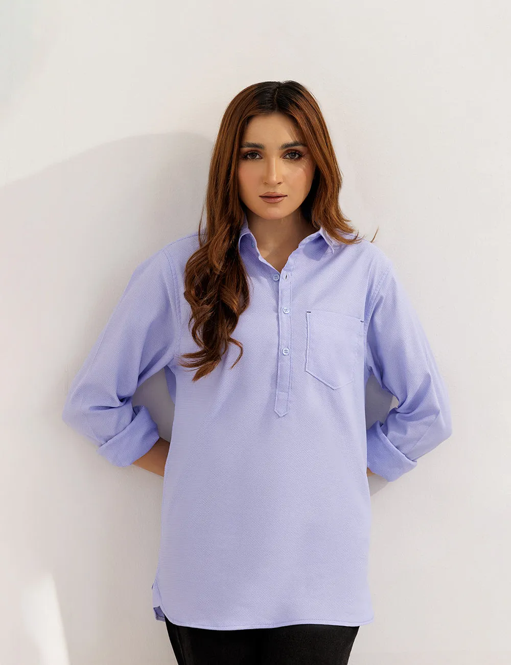 Sky Blue Textured Kurta Women Shirt