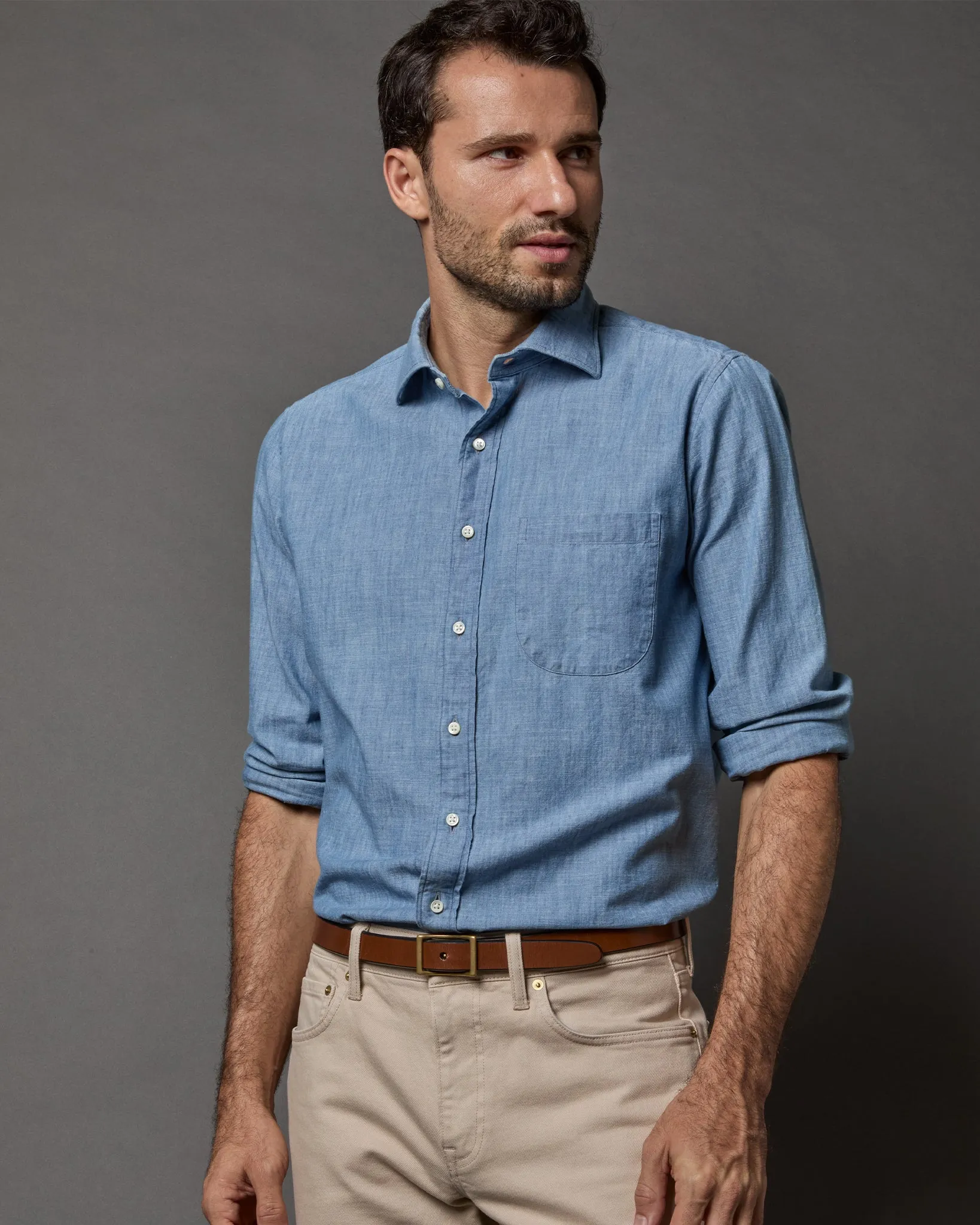 Spread Collar Sport Shirt in Extra Light Washed Chambray