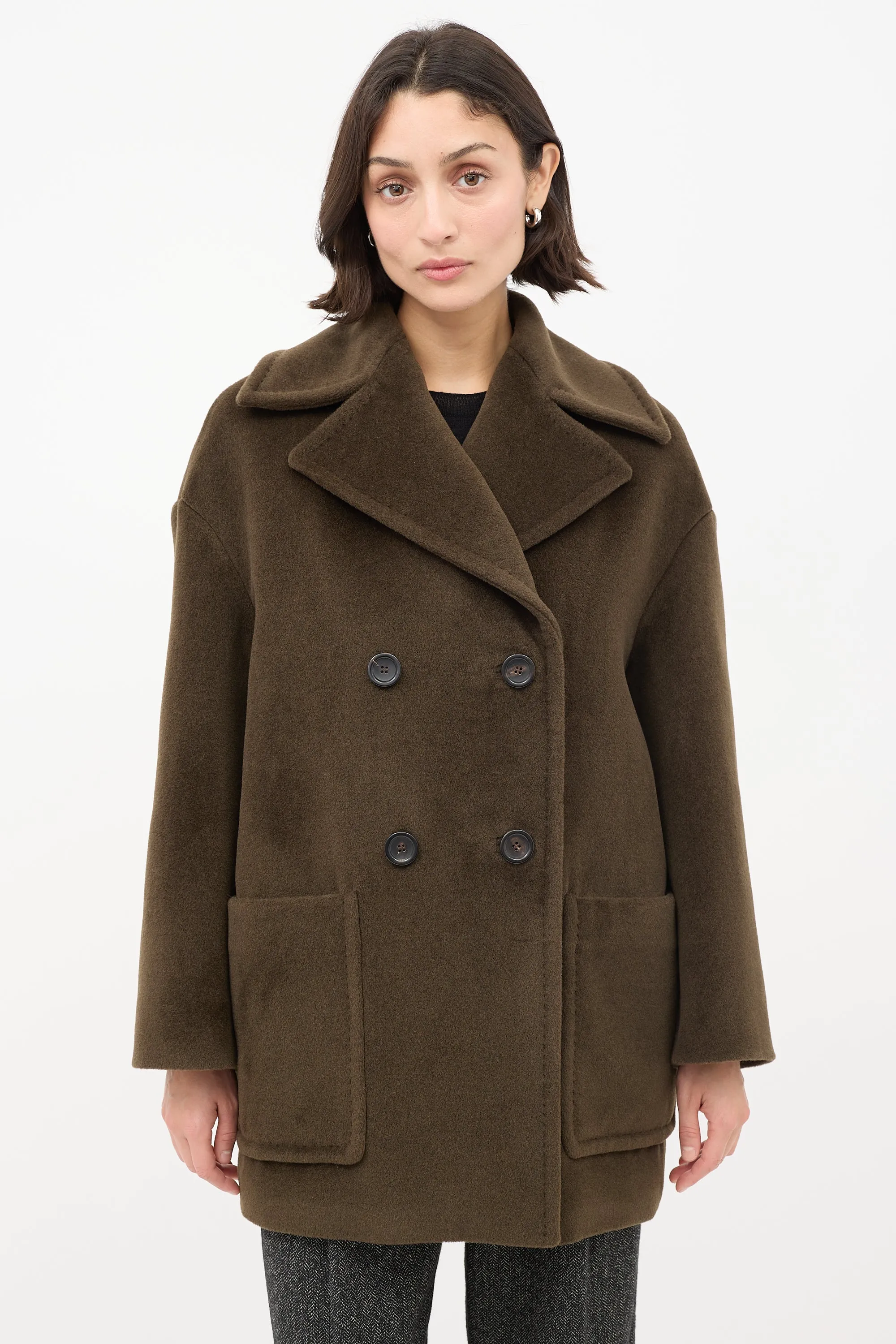 Studio Brown Wool Double Breasted Mid Length Coat