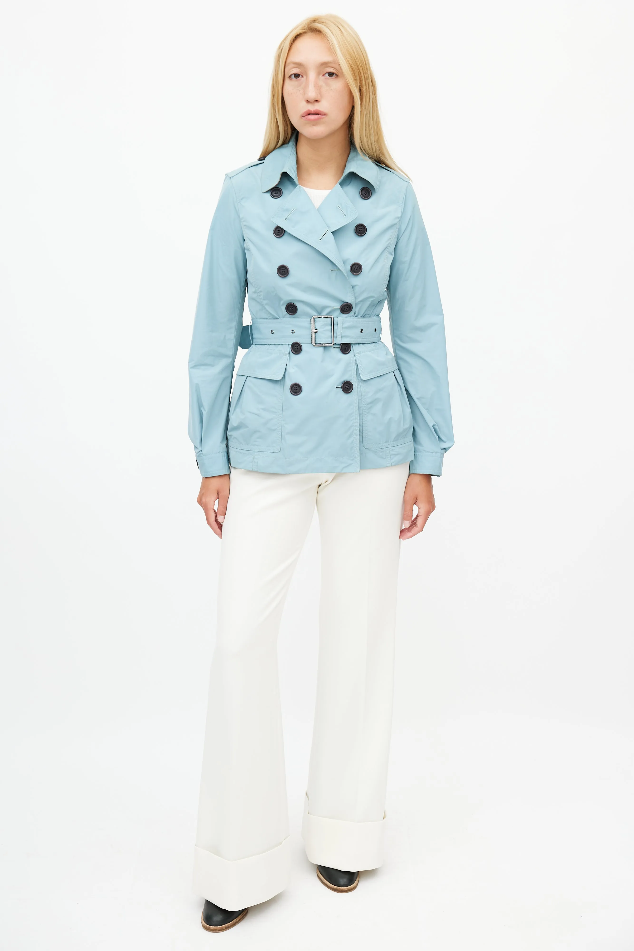 Teal Nylon Belted Short Trench Coat