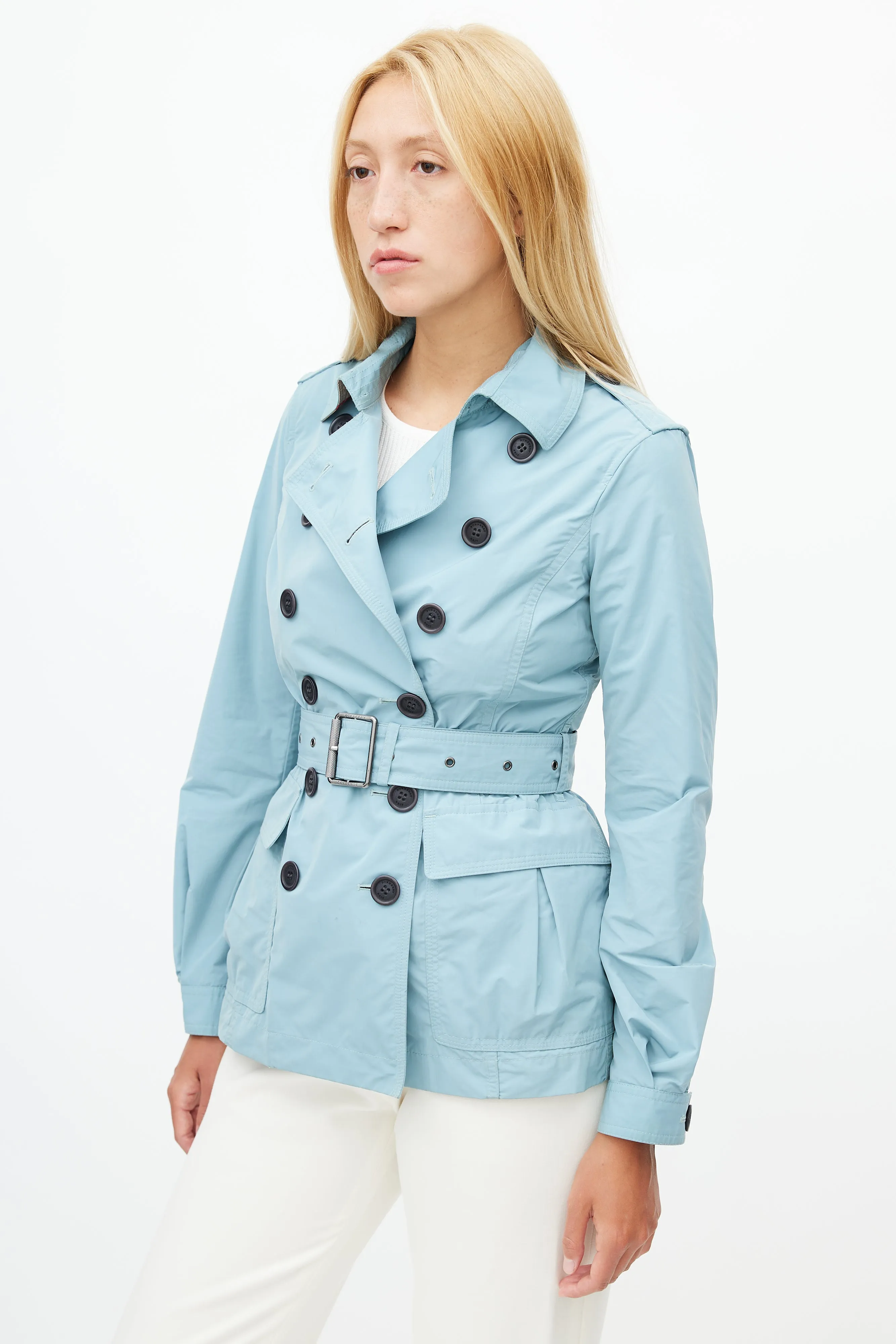 Teal Nylon Belted Short Trench Coat