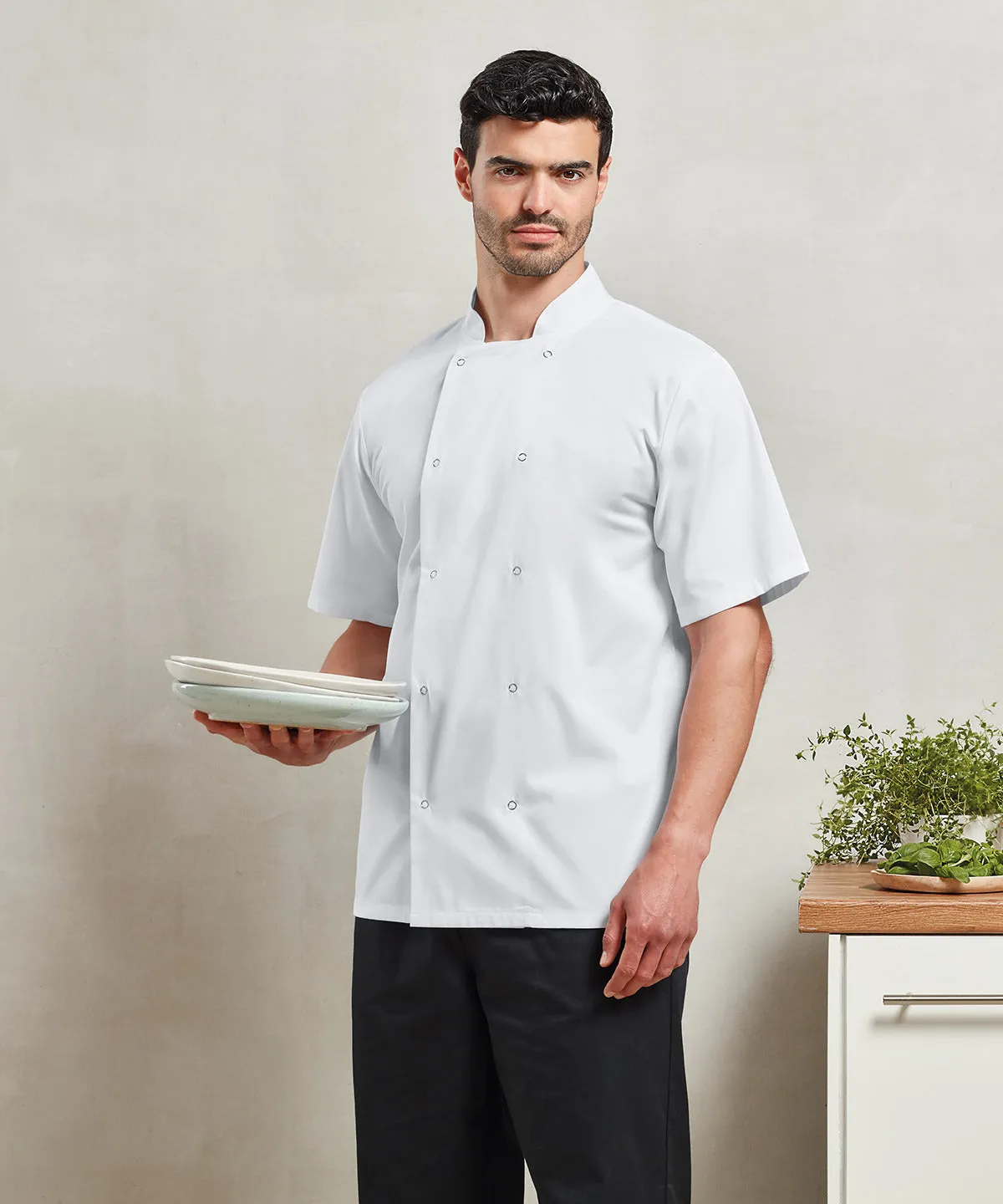 White - Studded front short sleeve chef's jacket