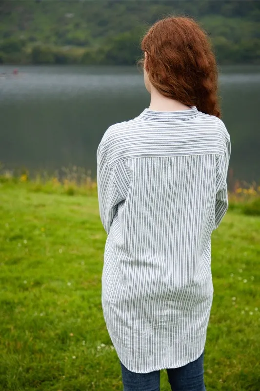 Women Flannel Granddad Shirt - Double Blue Stripes on Ivory - Lee Valley