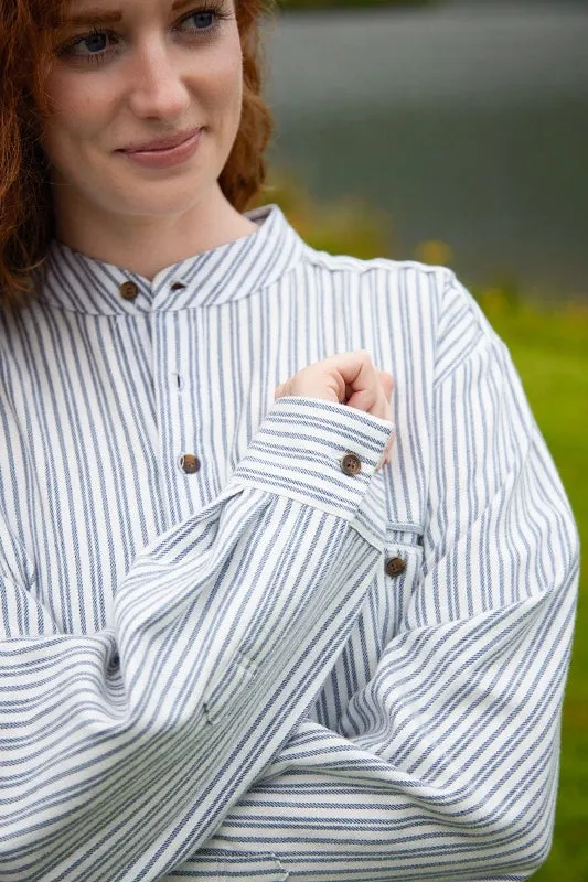 Women Flannel Granddad Shirt - Double Blue Stripes on Ivory - Lee Valley