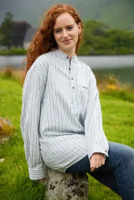 Women Flannel Granddad Shirt - Double Blue Stripes on Ivory - Lee Valley