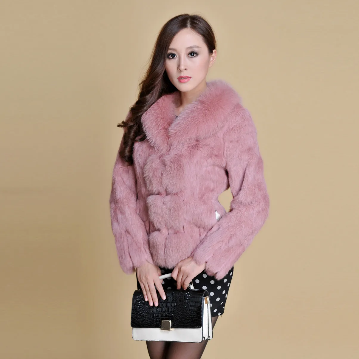 Women' Real Rabbit Fur Jacket with Real Fox Fur Collar Real Fur Jacket Coat 010119