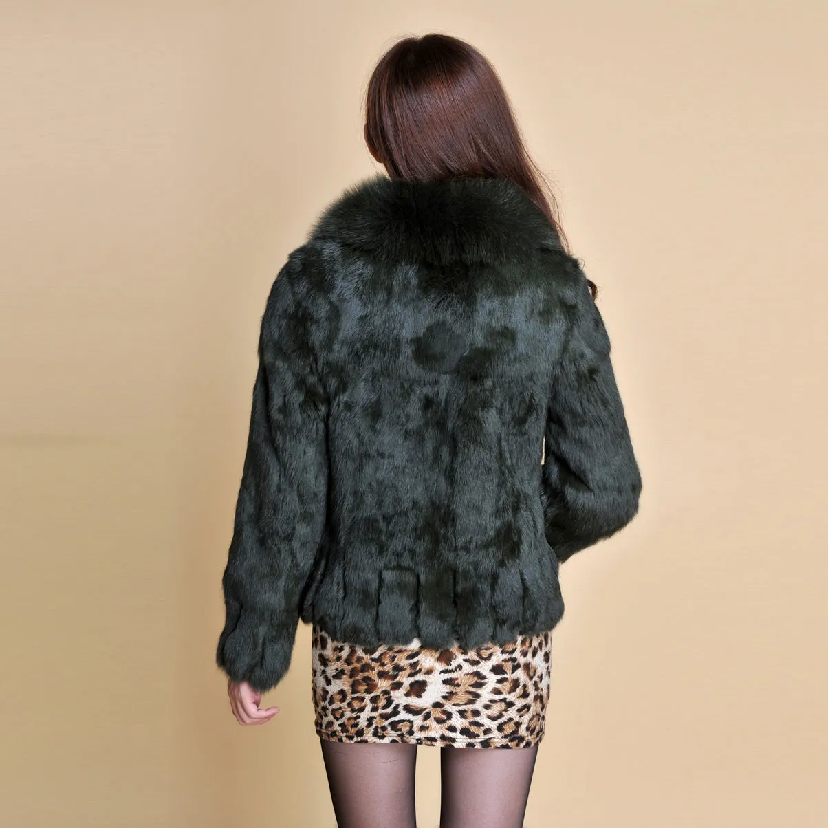 Women' Real Rabbit Fur Jacket with Real Fox Fur Collar Real Fur Jacket Coat 010119