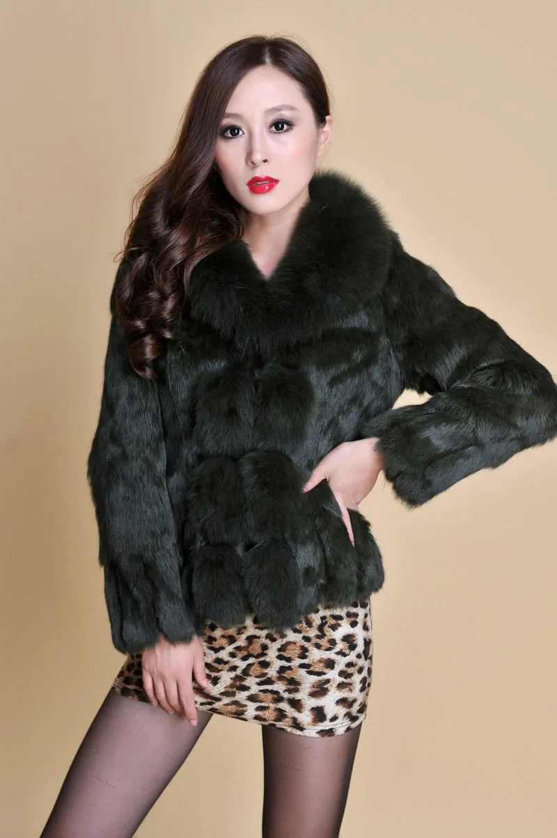 Women' Real Rabbit Fur Jacket with Real Fox Fur Collar Real Fur Jacket Coat 010119