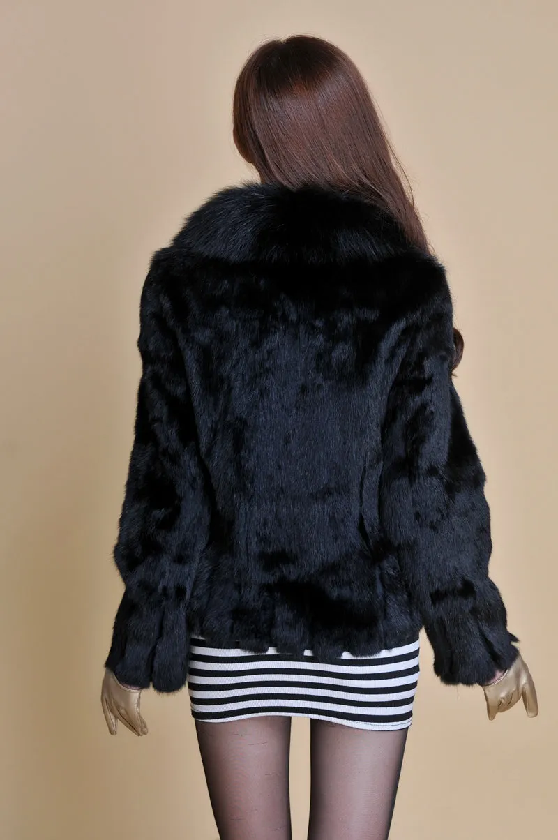 Women' Real Rabbit Fur Jacket with Real Fox Fur Collar Real Fur Jacket Coat 010119