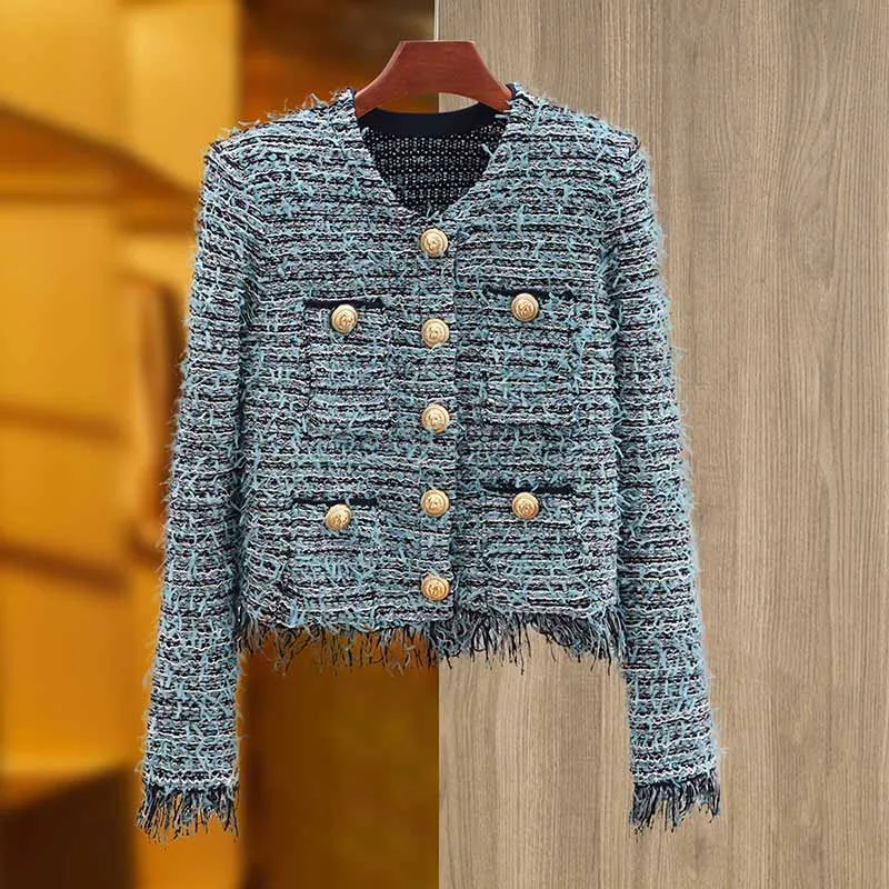 Women Tweed Blue Jacket With Fringe And Gold-tone Double-breasted Cardigan Jacket