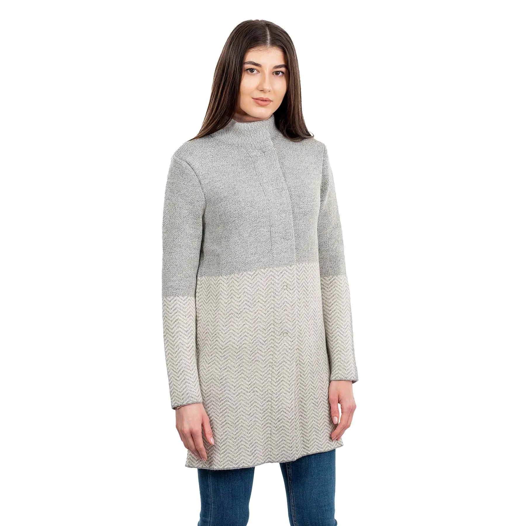 Women's Aran Knit Herringbone Coat, Grey