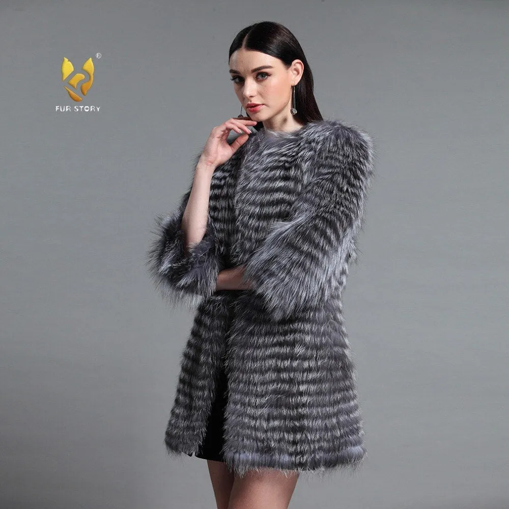 Women's Genuine Fox Fur Coat Women Stripe Outerwear 151213