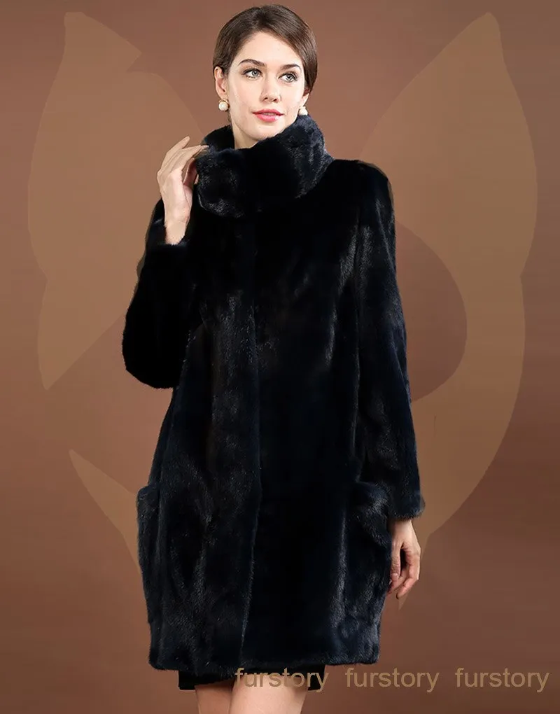 Women's Genuine Mink Fur Coat Stand Collar Natural Fur Women Jacket 16061