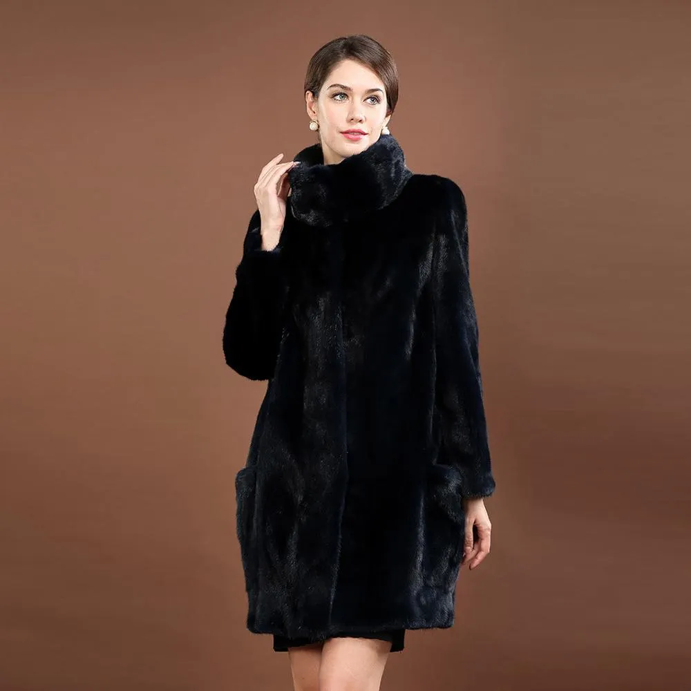 Women's Genuine Mink Fur Coat Stand Collar Natural Fur Women Jacket 16061