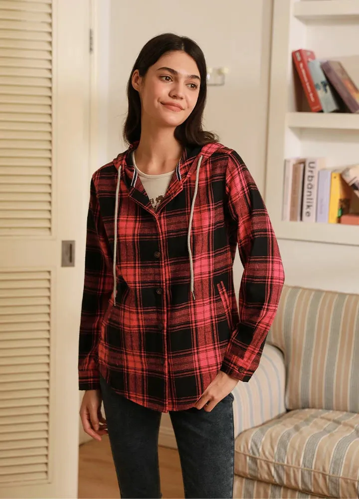 Women's Hooded Flannel Shirt Button Up Plaid Hoodie with Hand Pockets