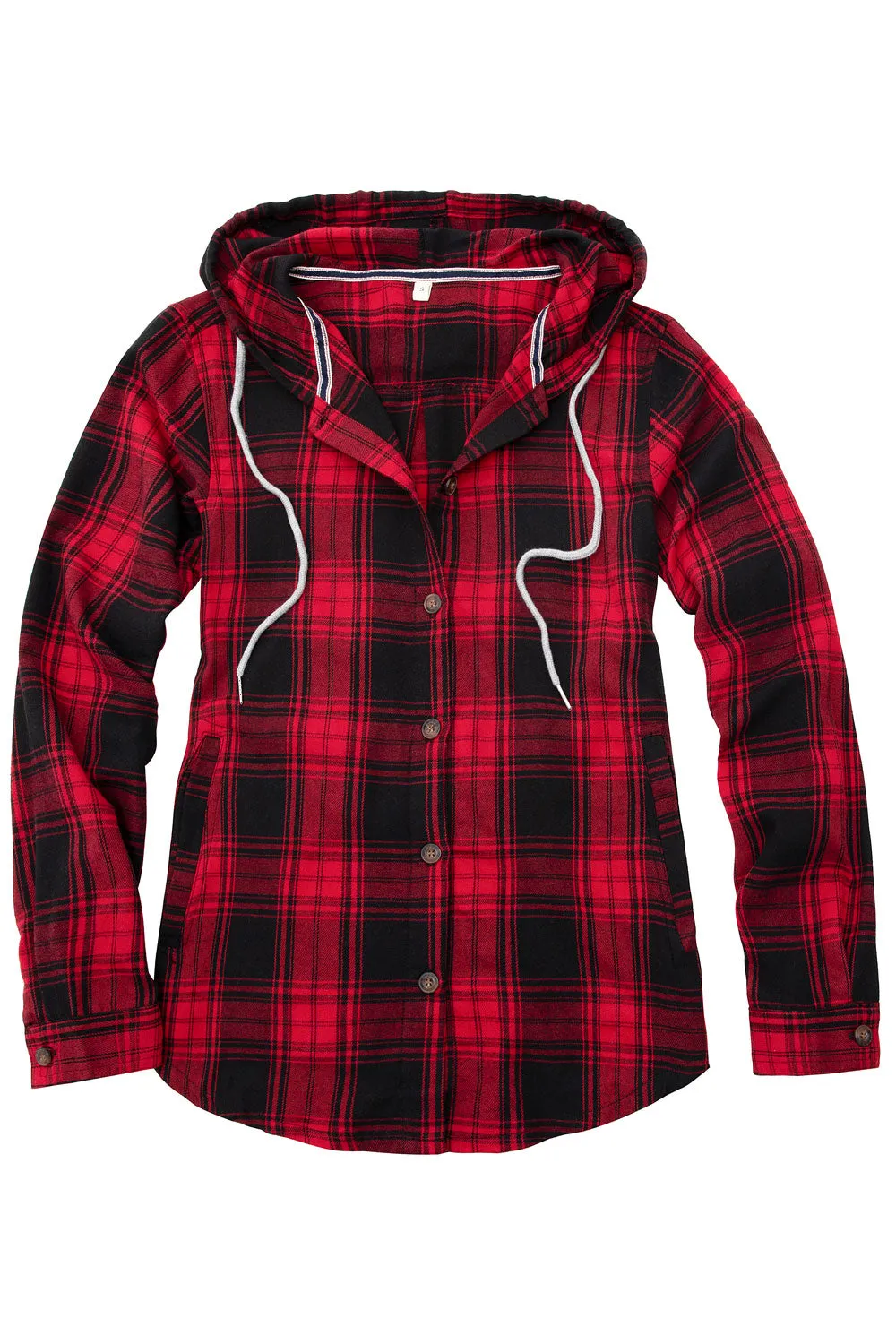 Women's Hooded Flannel Shirt Button Up Plaid Hoodie with Hand Pockets