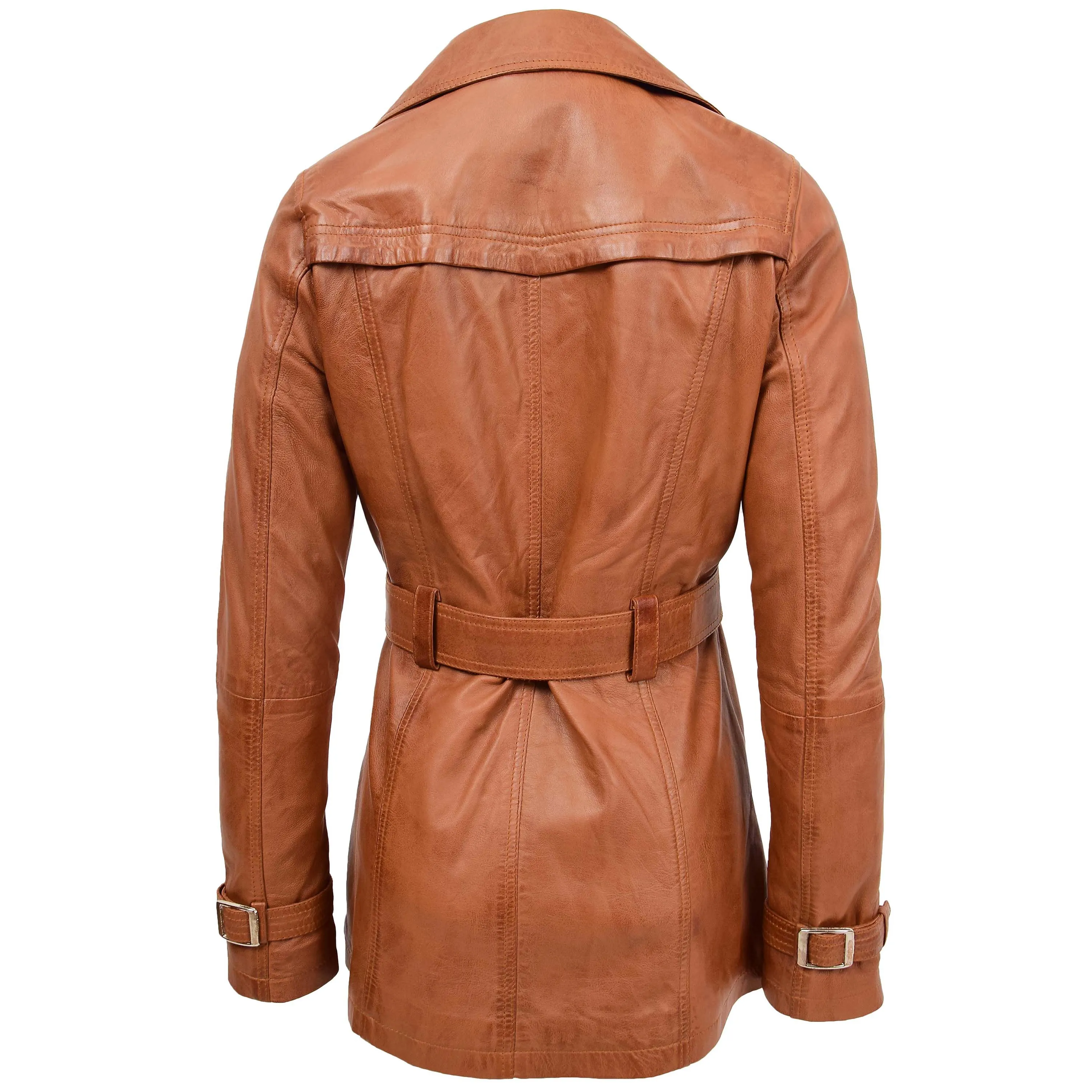 Womens Leather Double Breasted Trench Coat Sienna Tan