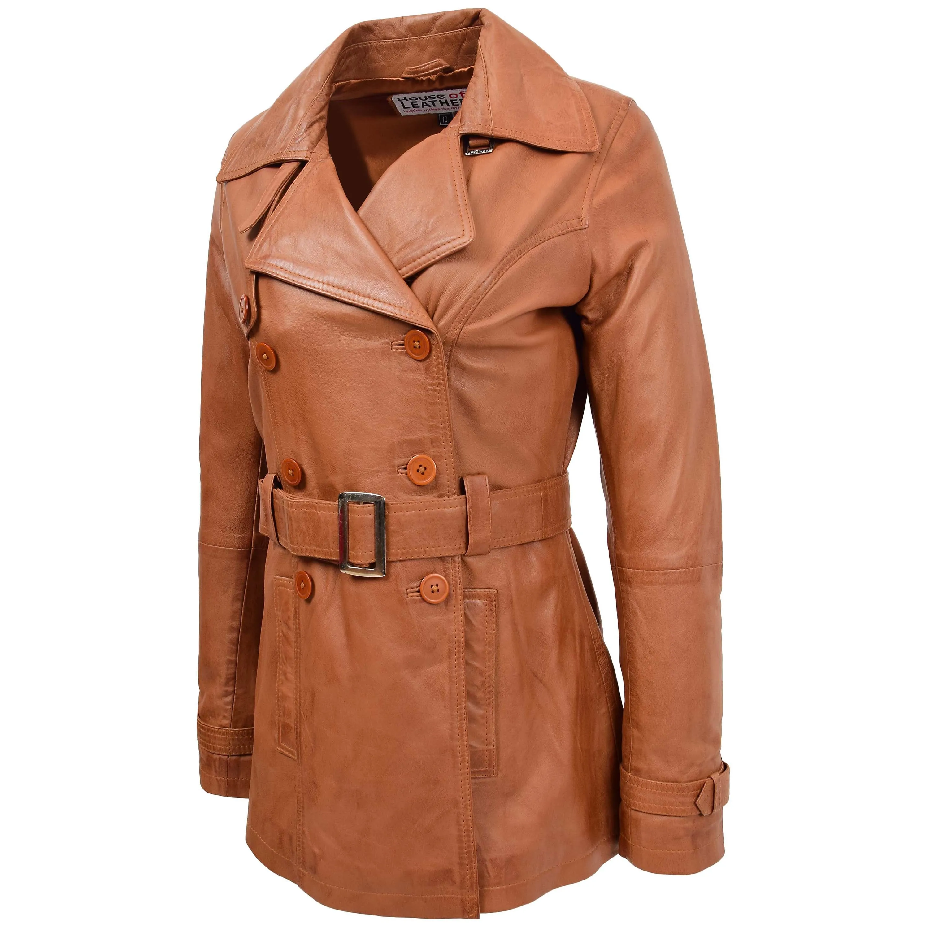 Womens Leather Double Breasted Trench Coat Sienna Tan