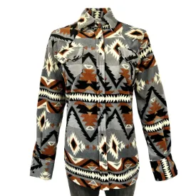 Women's Native Pattern Fleece Western Shirt in Grey & Brown